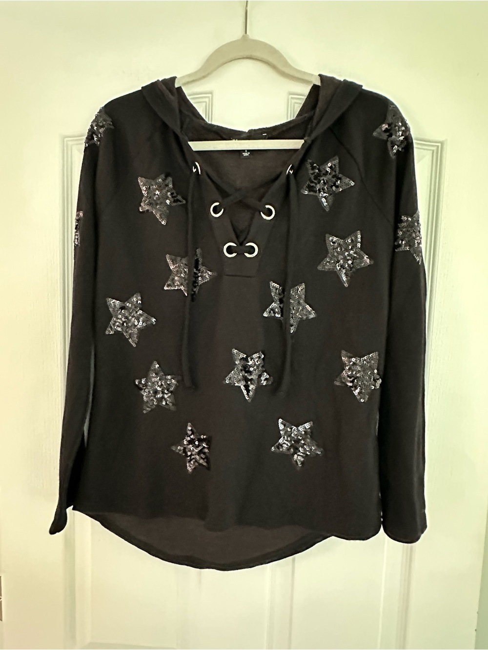 INC International Concepts NWOT Black Lace-Up Hoodie with Sequin Stars